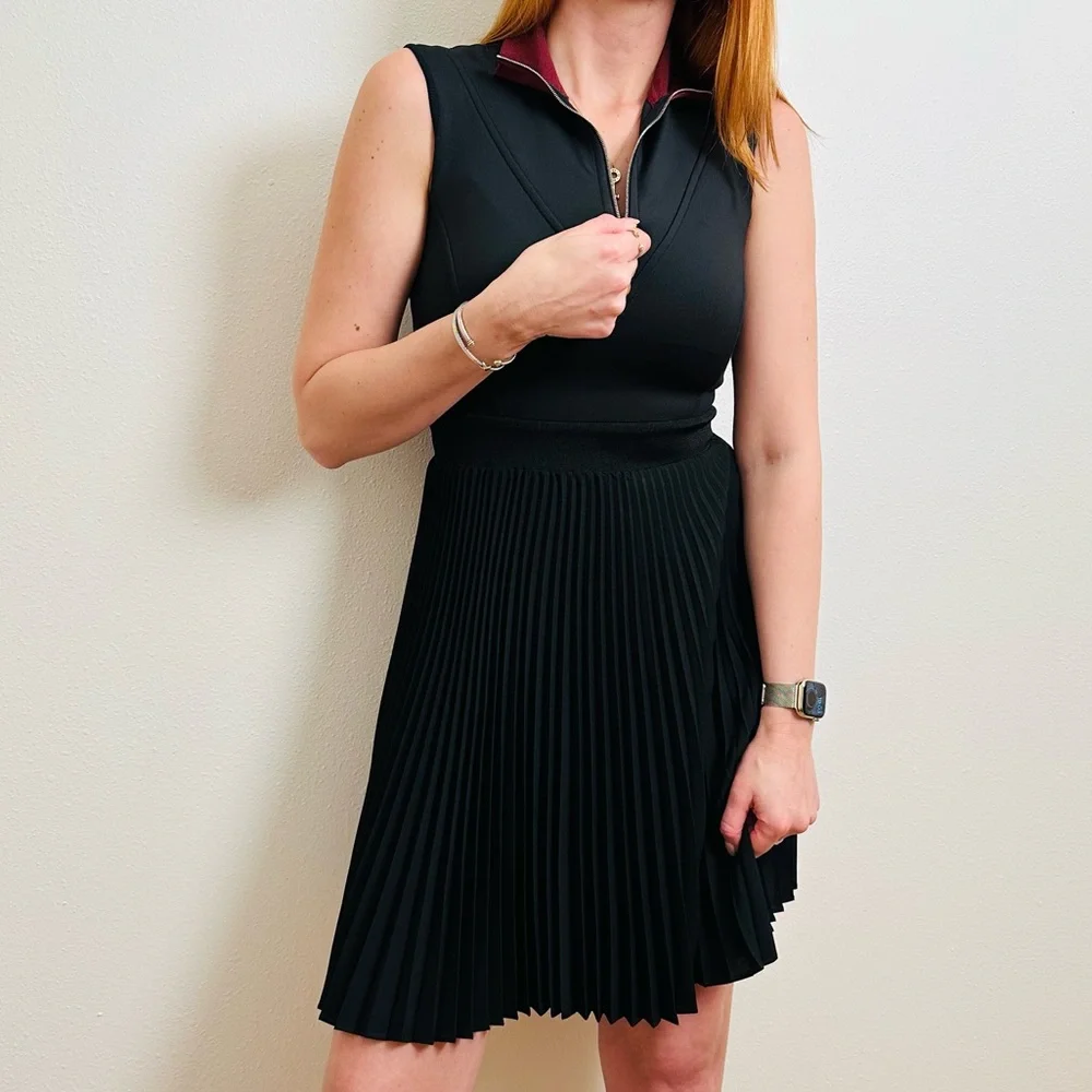 Sandro Black Sleeveless Half Zip Mock Collar Pleated Mini Dress - Picture 2 of 9